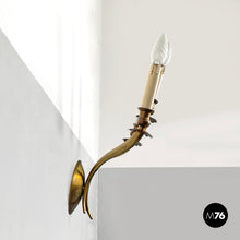 画像をギャラリービューアに読み込む, Three-armed brass wall light with wooden candles, 1970s