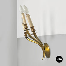 画像をギャラリービューアに読み込む, Three-armed brass wall light with wooden candles, 1970s