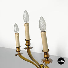 画像をギャラリービューアに読み込む, Three-armed brass wall light with wooden candles, 1970s