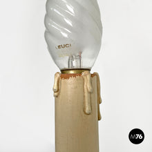 画像をギャラリービューアに読み込む, Three-armed brass wall light with wooden candles, 1970s