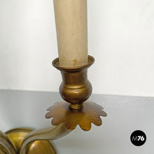 画像をギャラリービューアに読み込む, Three-armed brass wall light with wooden candles, 1970s