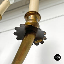 画像をギャラリービューアに読み込む, Three-armed brass wall light with wooden candles, 1970s