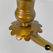 画像をギャラリービューアに読み込む, Three-armed brass wall light with wooden candles, 1970s
