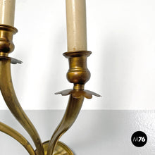 画像をギャラリービューアに読み込む, Three-armed brass wall light with wooden candles, 1970s