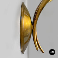 画像をギャラリービューアに読み込む, Three-armed brass wall light with wooden candles, 1970s