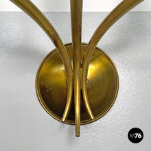 画像をギャラリービューアに読み込む, Three-armed brass wall light with wooden candles, 1970s