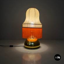 Charger l'image dans la galerie, Brass table lamp with beige shade and orange fringes, 1980s