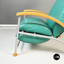 Load image into Gallery viewer, Armchair in aqua-green leather, wood and metal, 1980s