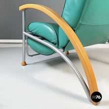 Load image into Gallery viewer, Armchair in aqua-green leather, wood and metal, 1980s
