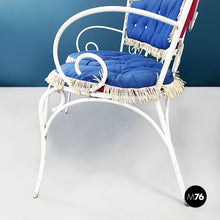 画像をギャラリービューアに読み込む, Garden bench in white wrought iron and fabric, 1960s