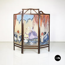 Load image into Gallery viewer, Three-door screen hand painted on fabric and wood, early 1900s