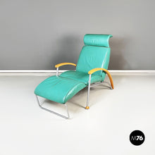 Load image into Gallery viewer, Armchair in aqua-green leather, wood and metal, 1980s