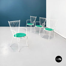 画像をギャラリービューアに読み込む, Garden chairs in white painted wrought iron and fabric, 1960s