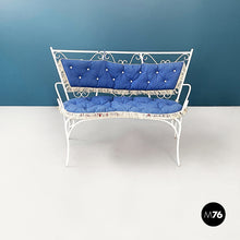 画像をギャラリービューアに読み込む, Garden bench in white wrought iron and fabric, 1960s