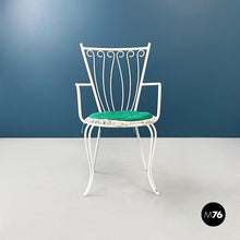 画像をギャラリービューアに読み込む, Garden chairs in white painted wrought iron and fabric, 1960s