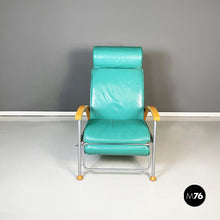 Load image into Gallery viewer, Armchair in aqua-green leather, wood and metal, 1980s