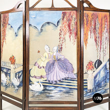 Load image into Gallery viewer, Three-door screen hand painted on fabric and wood, early 1900s