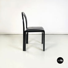 将图片加载到图库查看器,Chairs in black lacquered wood and black leather, 1980s