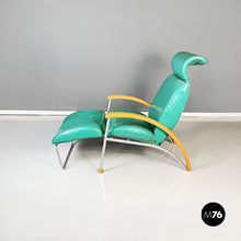 Load image into Gallery viewer, Armchair in aqua-green leather, wood and metal, 1980s