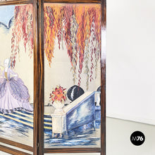 Load image into Gallery viewer, Three-door screen hand painted on fabric and wood, early 1900s