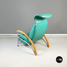 Load image into Gallery viewer, Armchair in aqua-green leather, wood and metal, 1980s