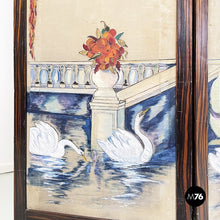 Load image into Gallery viewer, Three-door screen hand painted on fabric and wood, early 1900s