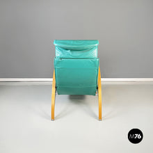 Load image into Gallery viewer, Armchair in aqua-green leather, wood and metal, 1980s