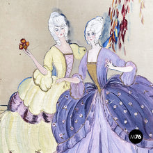 Load image into Gallery viewer, Three-door screen hand painted on fabric and wood, early 1900s