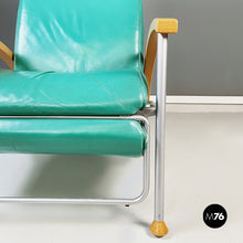 Load image into Gallery viewer, Armchair in aqua-green leather, wood and metal, 1980s