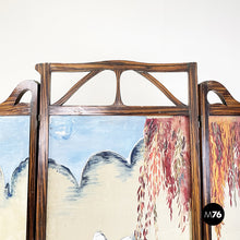 Load image into Gallery viewer, Three-door screen hand painted on fabric and wood, early 1900s