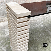 Load image into Gallery viewer, Travertine and smoked glass consolle, 1970s.