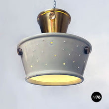 Load image into Gallery viewer, Brass and perforated metal pair of chandeliers by Arredoluce, 1950s