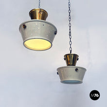 Load image into Gallery viewer, Brass and perforated metal pair of chandeliers by Arredoluce, 1950s