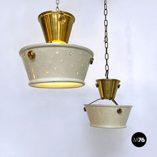 Load image into Gallery viewer, Brass and perforated metal pair of chandeliers by Arredoluce, 1950s