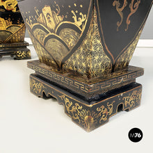 Load image into Gallery viewer, Oriental black wood vases or sculptures with decorations, 1950s