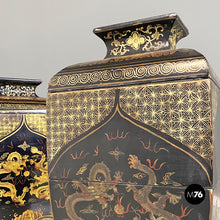 Load image into Gallery viewer, Oriental black wood vases or sculptures with decorations, 1950s