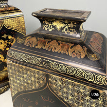 Load image into Gallery viewer, Oriental black wood vases or sculptures with decorations, 1950s