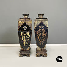 Load image into Gallery viewer, Oriental black wood vases or sculptures with decorations, 1950s