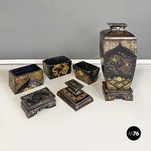 Load image into Gallery viewer, Oriental black wood vases or sculptures with decorations, 1950s