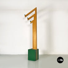 Load image into Gallery viewer, Natural and green wood coat stand with umbrella container, 1980s