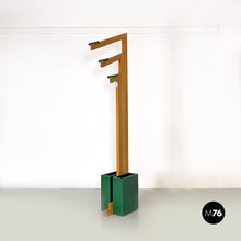 Load image into Gallery viewer, Natural and green wood coat stand with umbrella container, 1980s