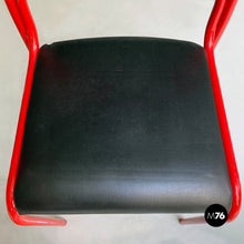 Load image into Gallery viewer, Stackable red metal and black faux leather chairs, 1980s