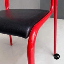 Load image into Gallery viewer, Stackable red metal and black faux leather chairs, 1980s