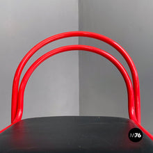 Load image into Gallery viewer, Stackable red metal and black faux leather chairs, 1980s