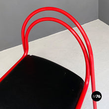 Load image into Gallery viewer, Stackable red metal and black faux leather chairs, 1980s