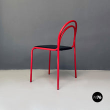 Load image into Gallery viewer, Stackable red metal and black faux leather chairs, 1980s