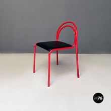 Load image into Gallery viewer, Stackable red metal and black faux leather chairs, 1980s