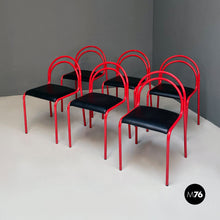 Load image into Gallery viewer, Stackable red metal and black faux leather chairs, 1980s