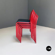 Load image into Gallery viewer, Stackable red metal and black faux leather chairs, 1980s