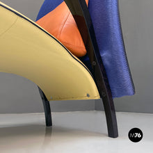 Charger l'image dans la galerie, Black solid wood and leather multicolor armchair with curved armrests, 1980s